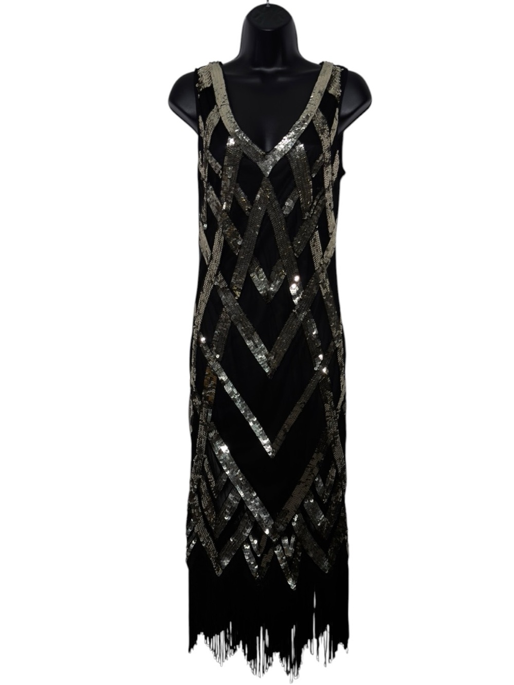 Gatsby Lady Black & Gold Sequin Embroidered Fringe Hem Flapper Dress Size 4